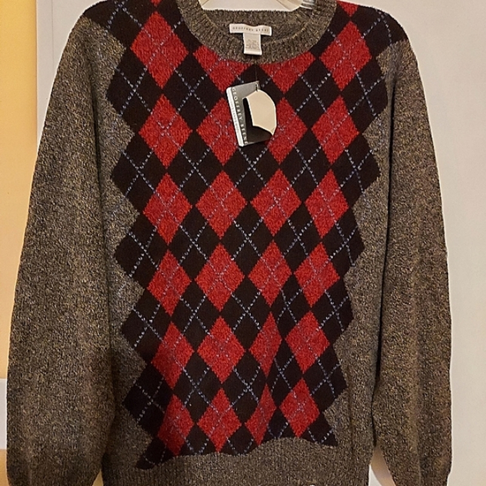 Geoffrey Beene Argyle Mens Gray Red Lambswool Sweater Size XL Plaid Preppy